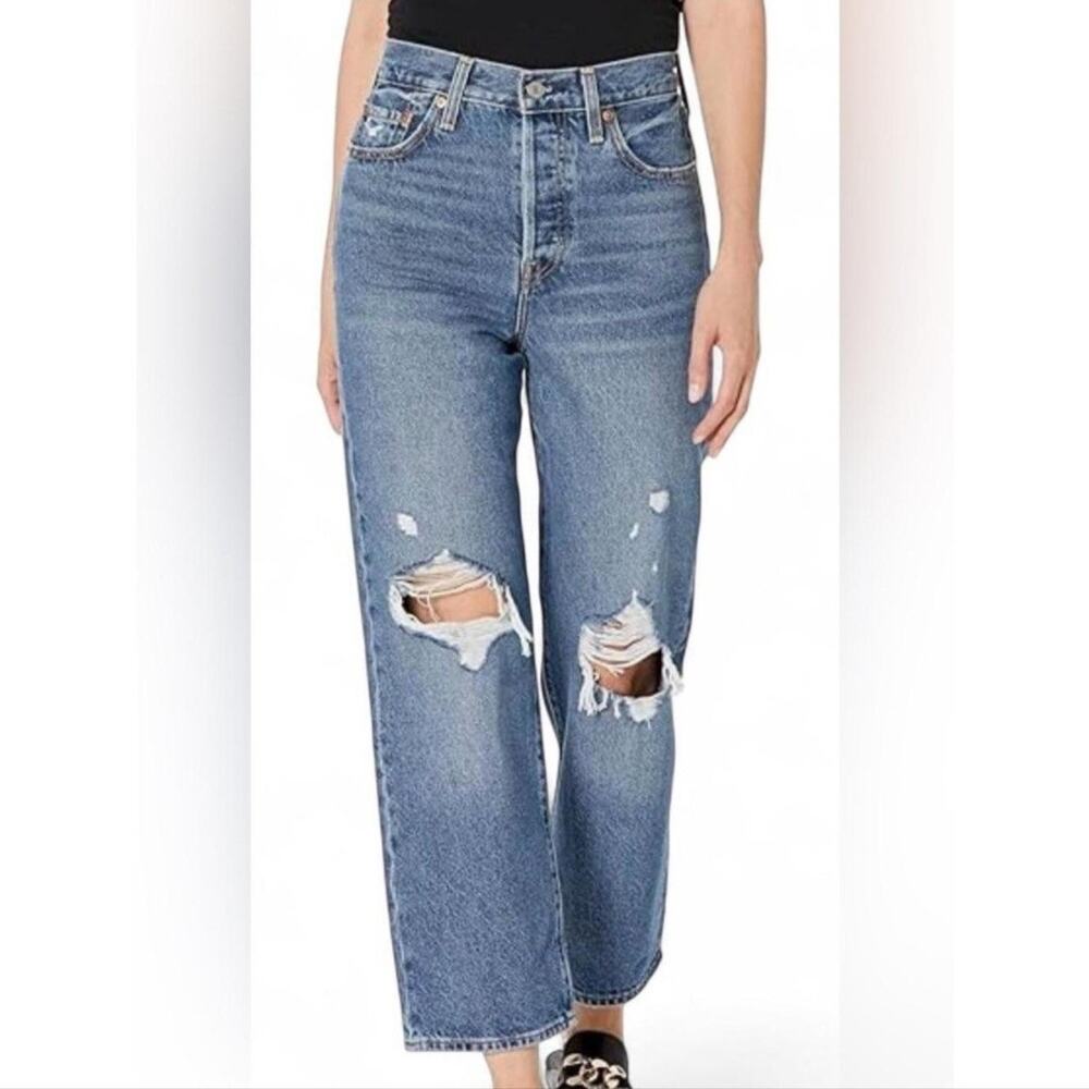 Levi's Ribcage Straight Ankle Jeans High Rise Distressed Knee Button Fly Size 31